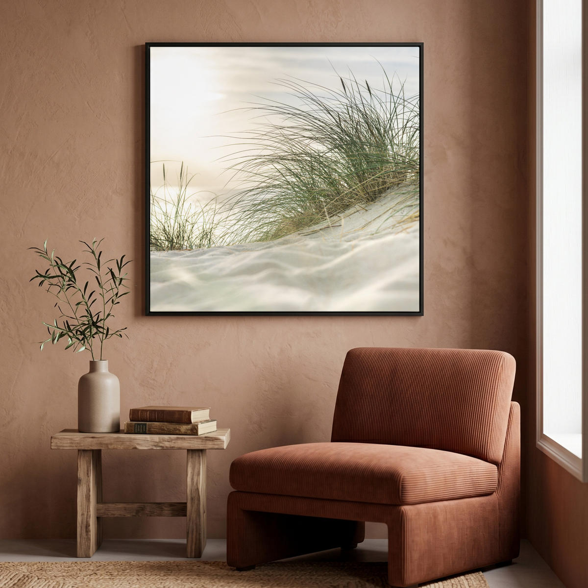 LEINWAND Bilder mit Rahmen - Dünen mit Strandhafer in der Sonne des Nationalparks Schleswig-Holsteinisches Wattenmeer - 90x90 - Creme, Textil (90/90cm) - MuchoWow