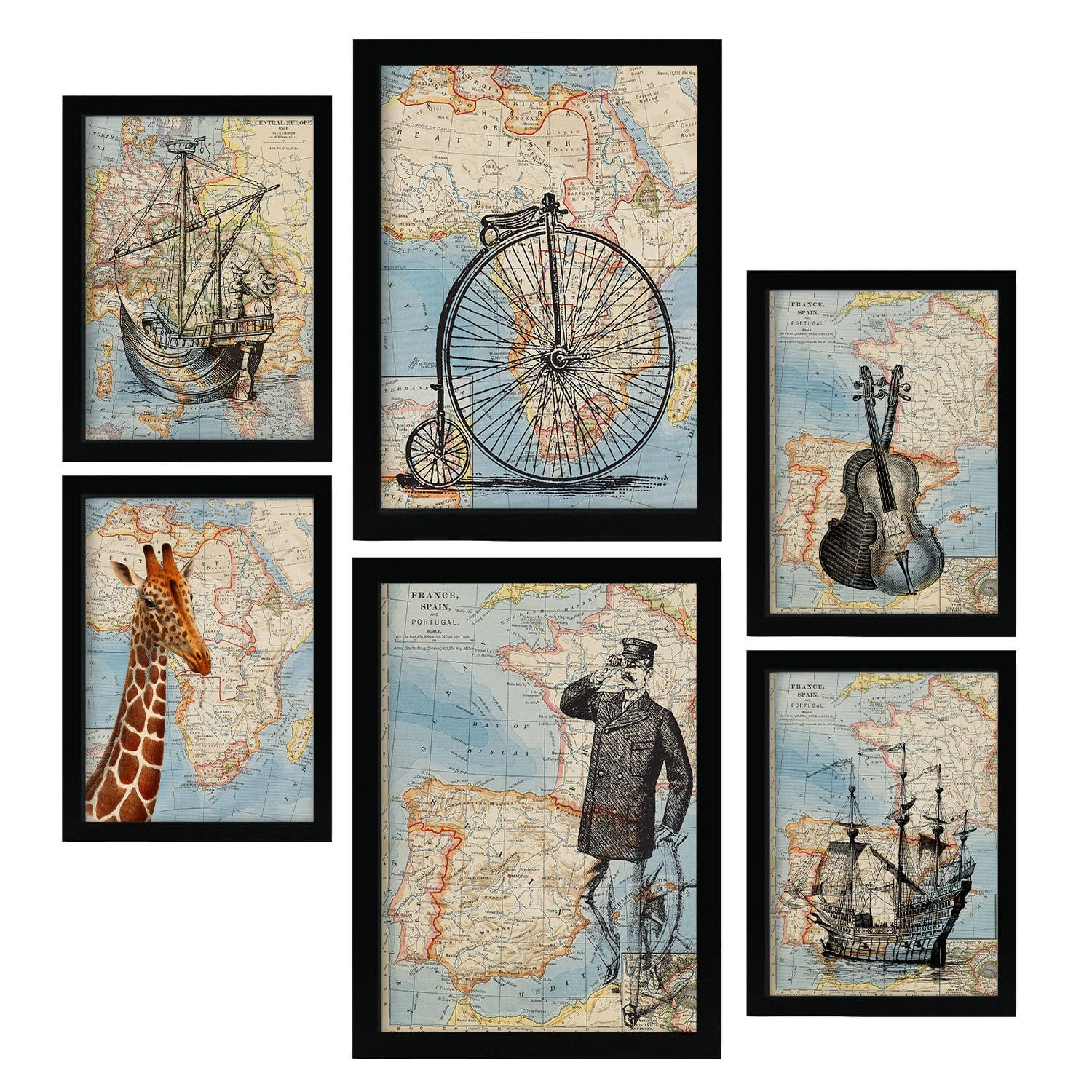 POSTER Set Mit 6 Vintage Karten Im Retro Stil Von Europa, Afrika Und Spanien In Dezenten Farben A3 & A4 Rahmenlos - Klar, Papier (29/3cm) - Nacnic