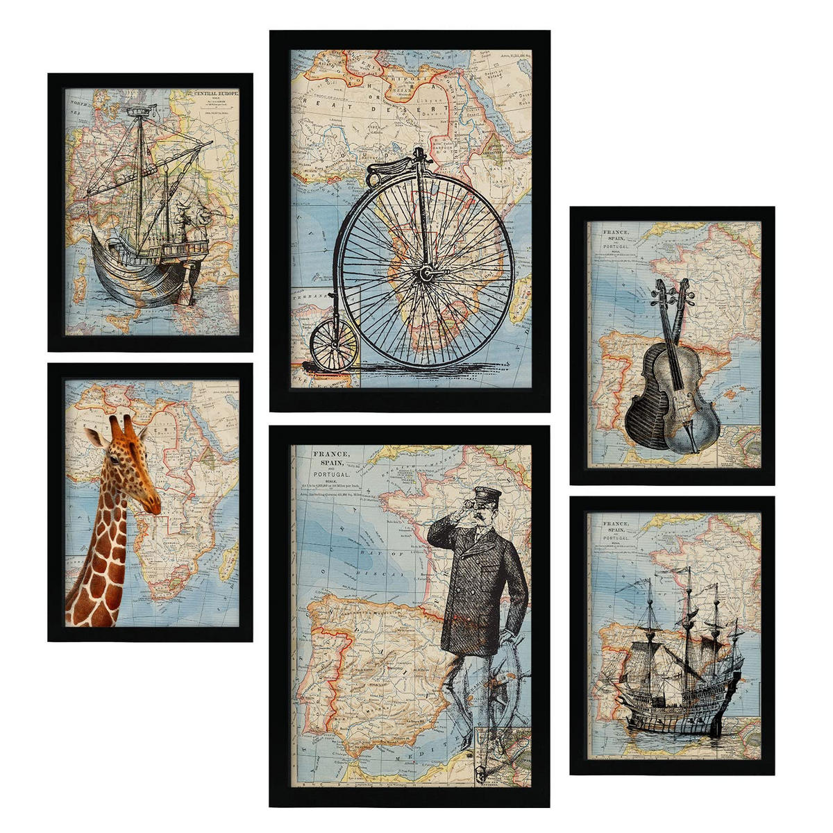 POSTER Set Mit 6 Vintage Ästhetische Karte Größe A3 & A4 Schwarzer Rahmen - Schwarz, Papier (29.7/1cm) - Nacnic
