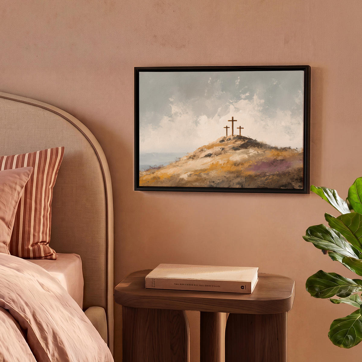 LEINWAND Bilder mit Rahmen - Hügel - Abstrakt - Christentum - Kreuz - 40x30 - Hellgrau, Textil (40/30cm) - MuchoWow