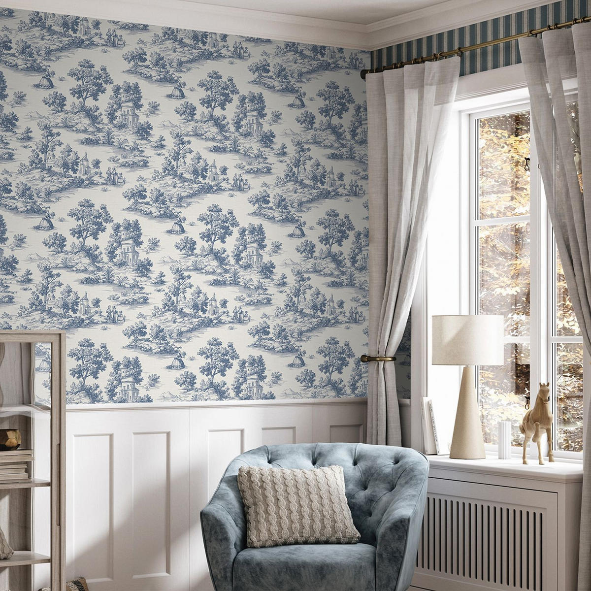 TAPETE Toile de Jouy 53 cm x 10 m - Blau, Papier (53/1000cm) - Sanders & Sanders