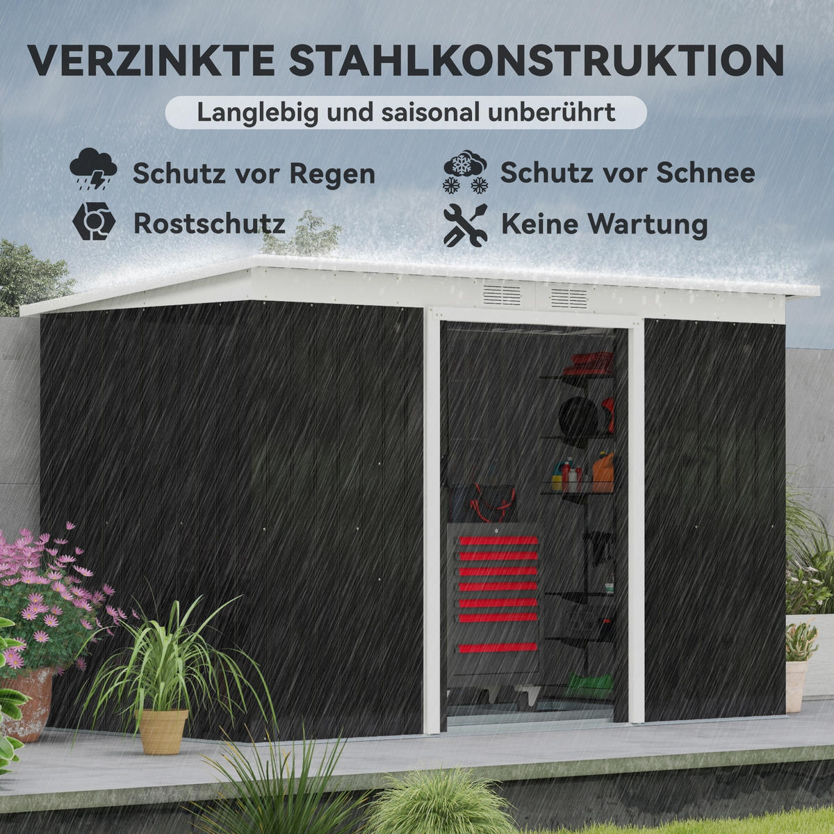 GERÄTEHAUS Gartenhaus mit Schiebetür Fenster Outdoor Stahl Dunkelgrau - Dunkelgrau, Metall (130/172/280cm) - Outsunny
