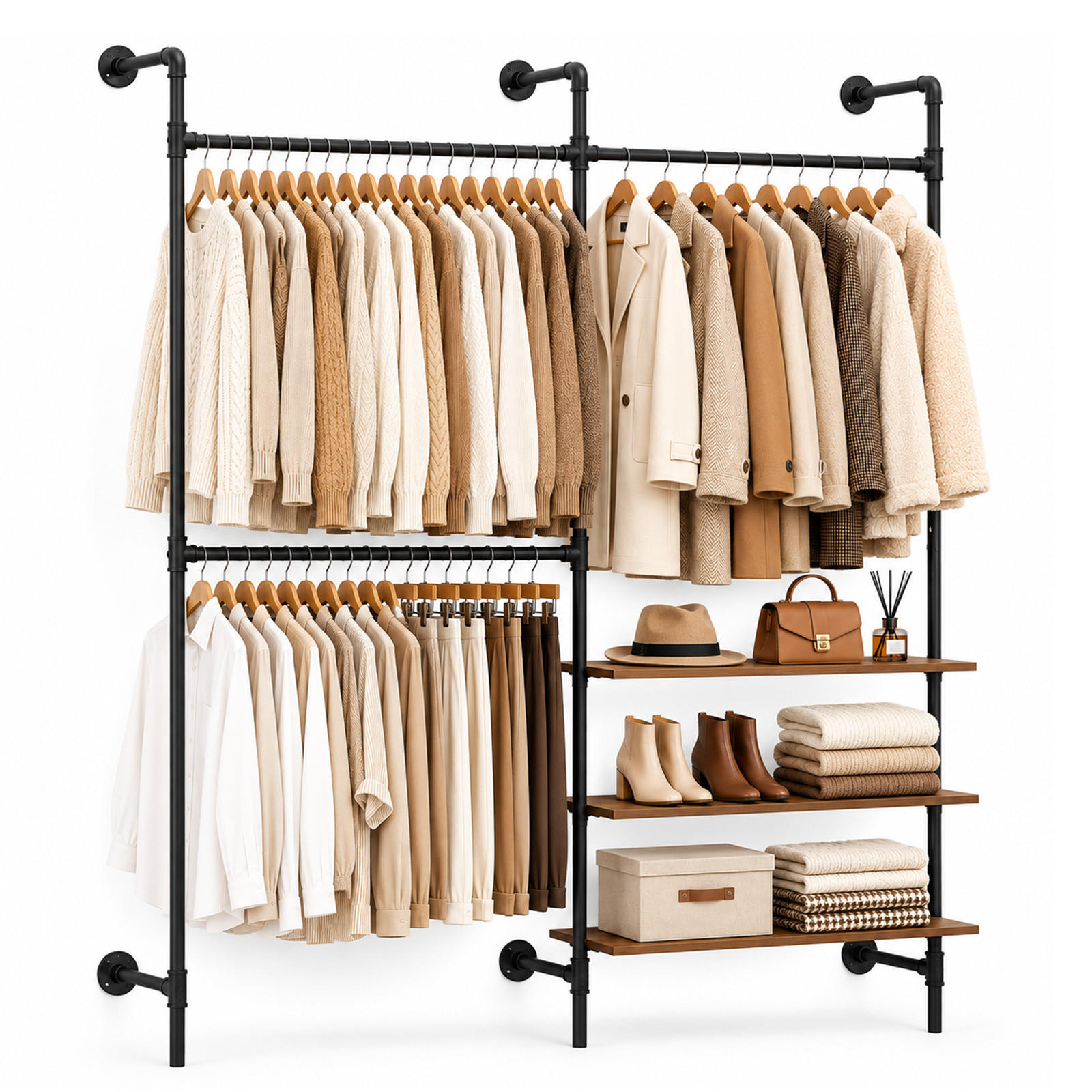 WANDGARDEROBE & Kleiderständer 220x168 cm, 3 Stangen und 3 Böden in Holzoptik, Schwarzes Stahlrohr, Industrial, Flur & Schlafzimmer - Schwarz, Kunststoff (168/220/46cm) - SoBuy