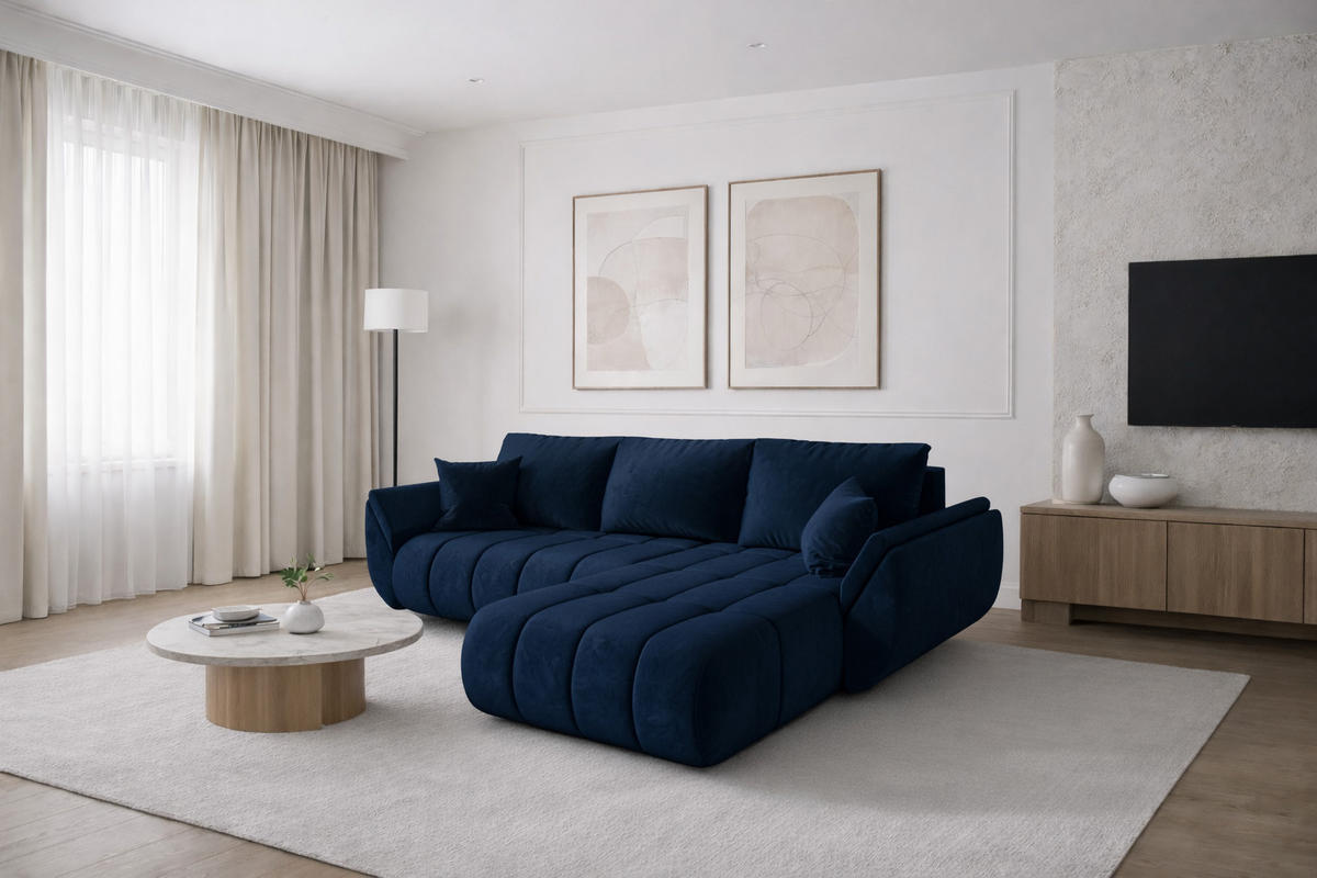 ECKSOFA TOKYO PREMIUM mit Schlaffunktion, Stoff MONOLITH, Dunkelblau, Rechts - Dunkelblau, Holz (280/190cm) - Kaiser Möbel