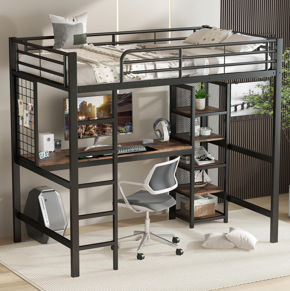 HOCHBETT 90/200 cm schwarz aus Metall mit Tisch und Regal mit Metallgitter - Schwarz, Holzwerkstoff (90/200cm) - OKWISH