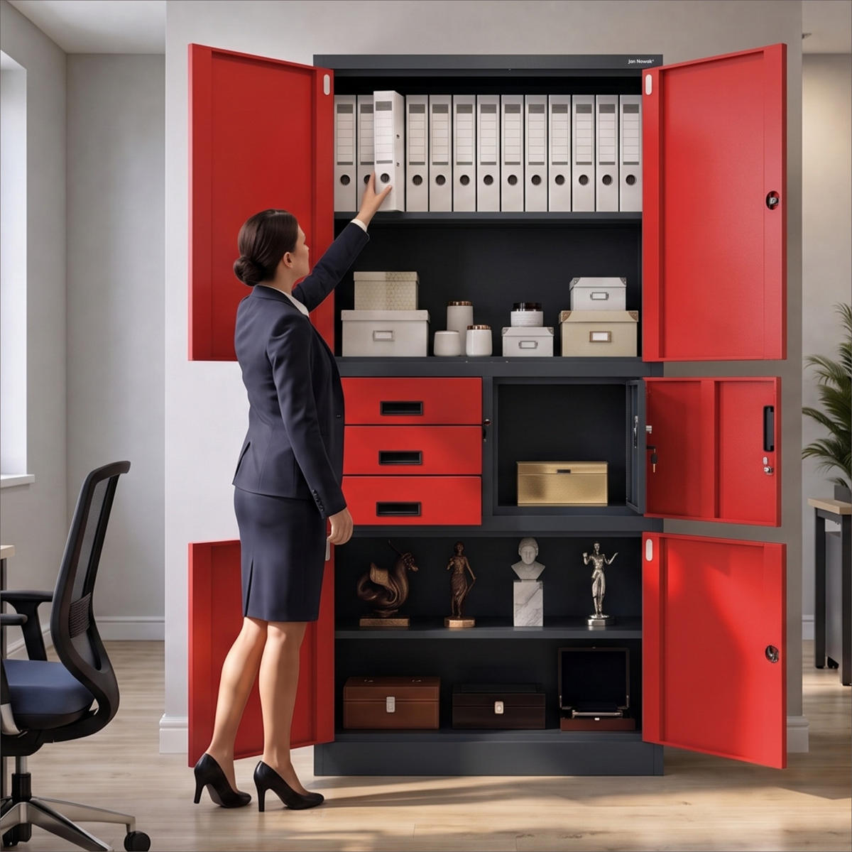 AKTENSCHRANK FILIP II 185x90x40 cm - Anthrazit/Rot, Metall (90/185/40cm) - Jan Nowak