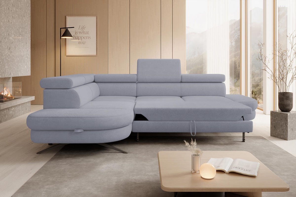 ECKSOFA OTIS L-förm, Schlaffunktion, verstellbare Kopfstützen, in AURORA-Stoff, lose Rückenkissen, freistehend, LINKS 218x276x97 cm Light Grey - Hellgrau, Holz/Textil (218/276cm) - DomoHome