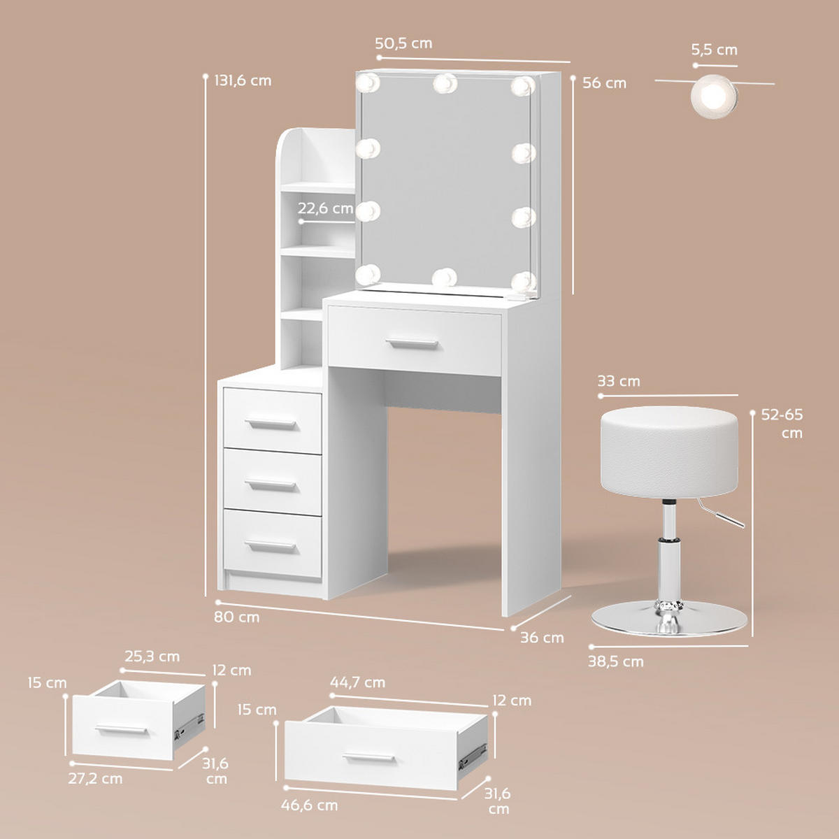 SCHMINKTISCH Loreta Weiß mit LED Beleuchtung und Hocker - Weiß, Holzwerkstoff (80/131.6/36cm) - Livinity®