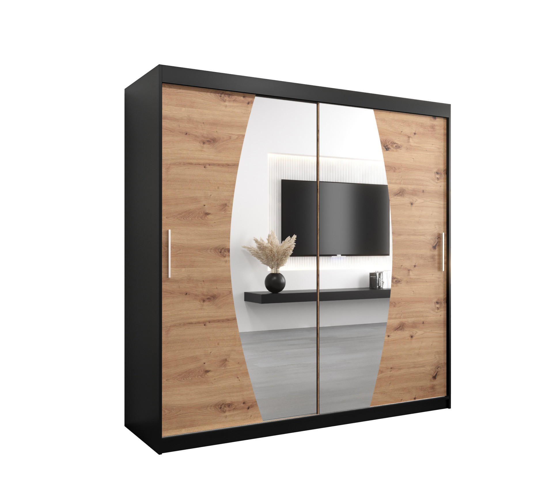 Abiks Möbel Schwebetürenschrank Schwarz, Eiche Artisan 200x200x62 cm