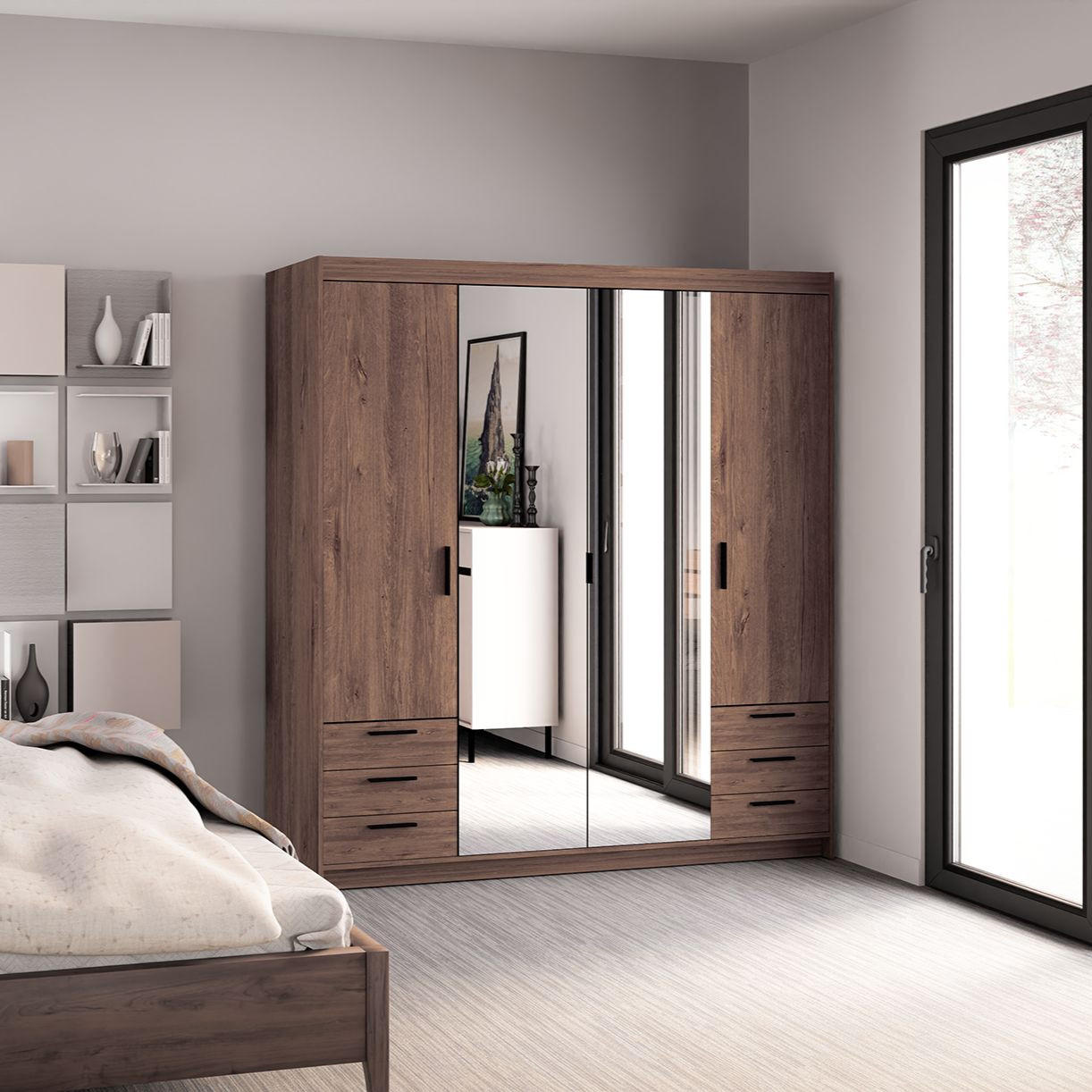DREHTÜRENSCHRANK ELENORA 176,3/190,5/53cm 4-türig mit Spiegel Braun - Braun, Holzwerkstoff (176.3/190.5/53cm) - MASSENO