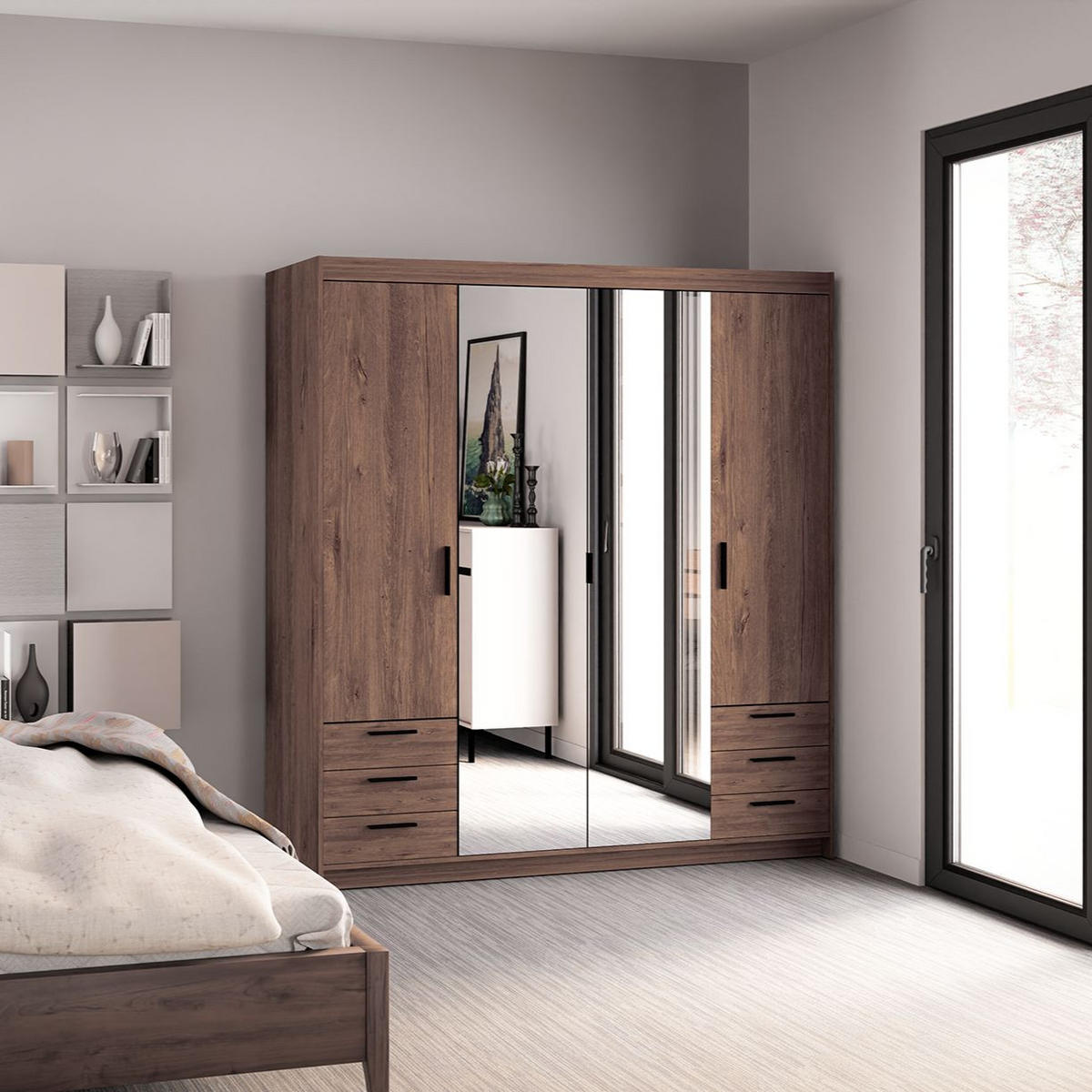 DREHTÜRENSCHRANK ELENORA 176,3/190,5/53cm 4-türig mit Spiegel Braun - Braun, Holzwerkstoff (176.3/190.5/53cm) - MASSENO