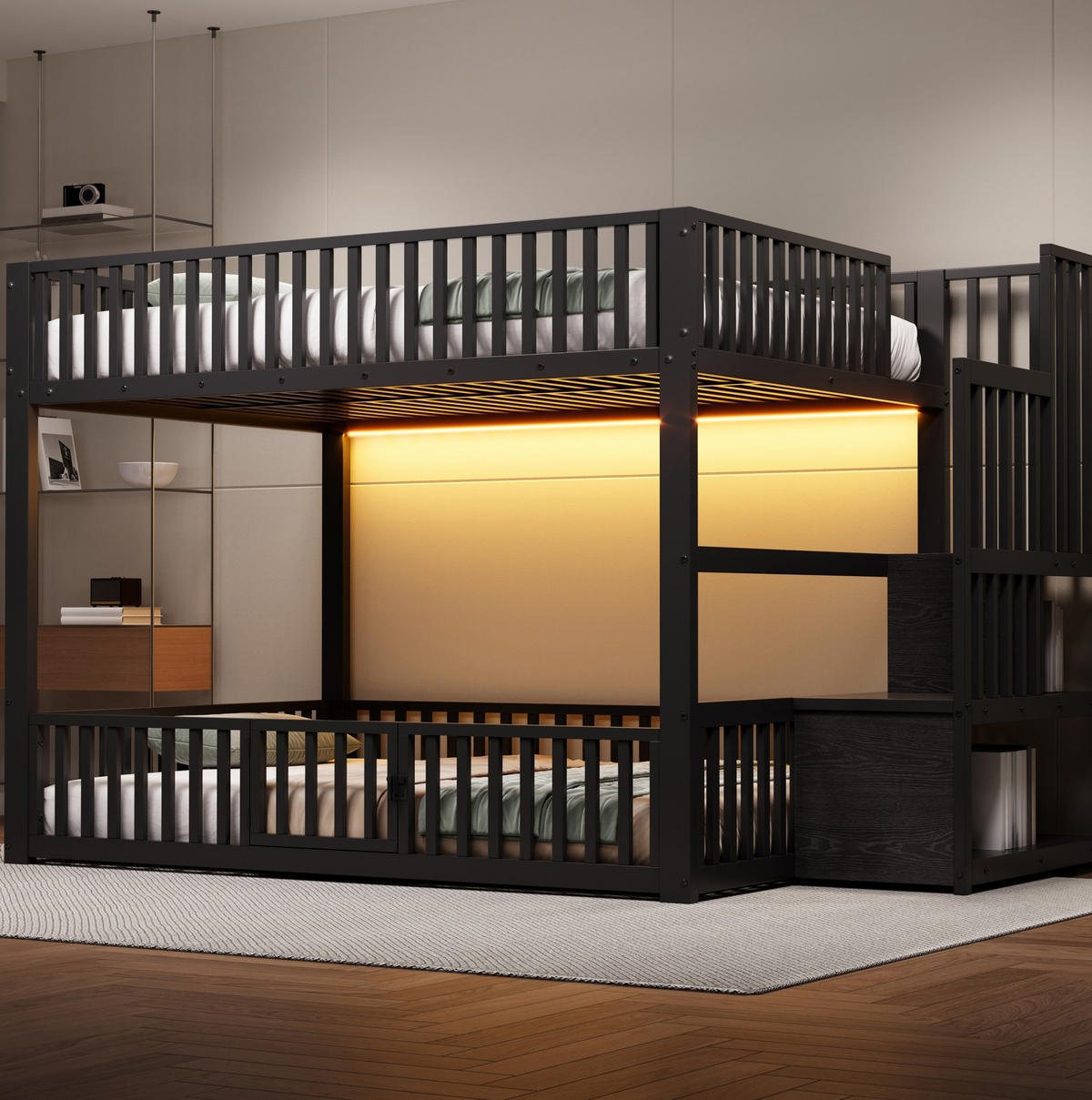 ETAGENBETT 140/200 cm Schwarz mit LED und Stauraumleiter - Schwarz, Metall (140/200cm) - MIVRAY