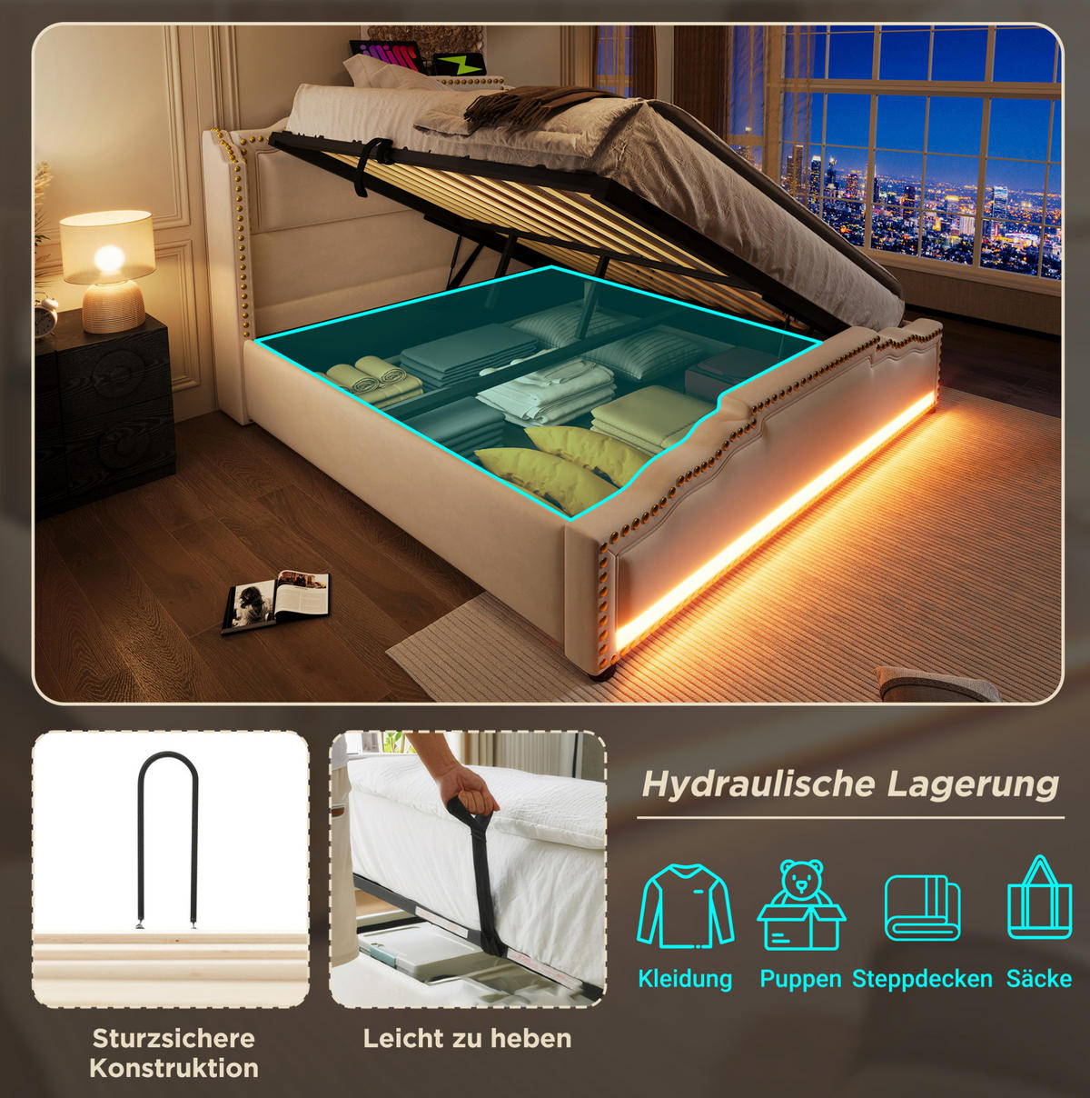 ČALÚNENÁ posteľ 140/200 cm s LED osvetlením, USB a Type-C portami, hydraulickým úložným priestorom z velúru, Béžová - béžová, textil (140/200cm) - Redom