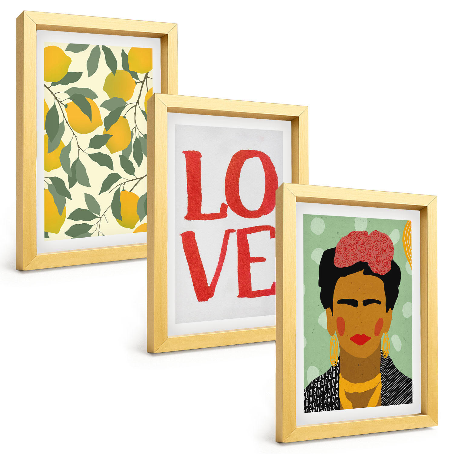 BILDER SET 3er Set - 20x30 cm Goldrahmen - Lemons LOVE Porträt von Frida - Goldfarben, Kunststoff (20/30cm) - TULUP