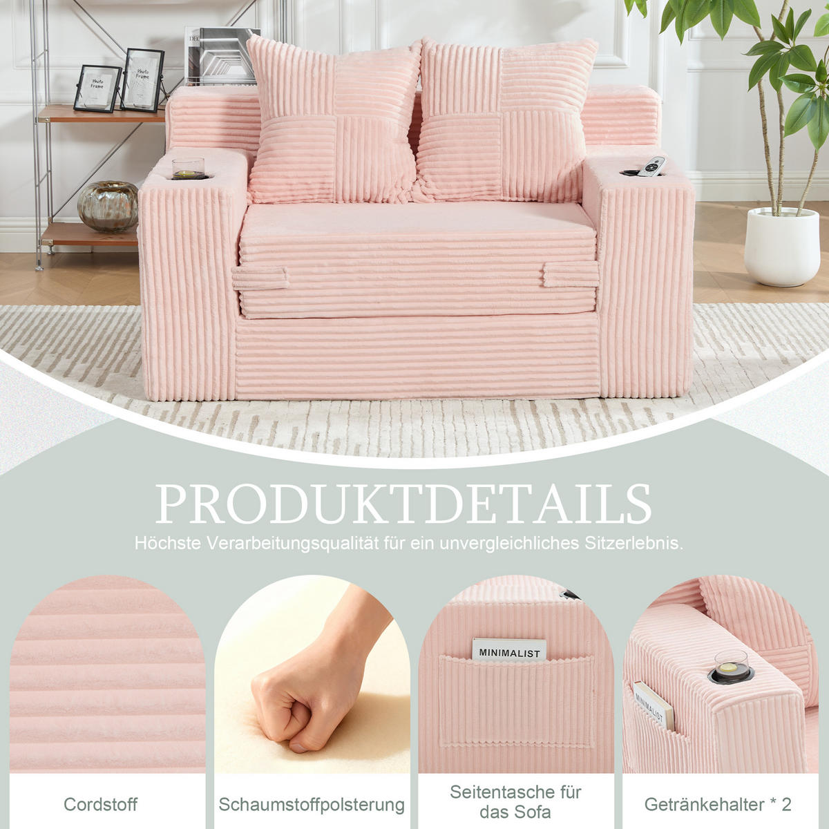 1,5-SITZER ausklappbar, Getränkehalter/Seitentasche, Cord, Rosa - Rosa, Textil (133/64/87cm) - LVHOM