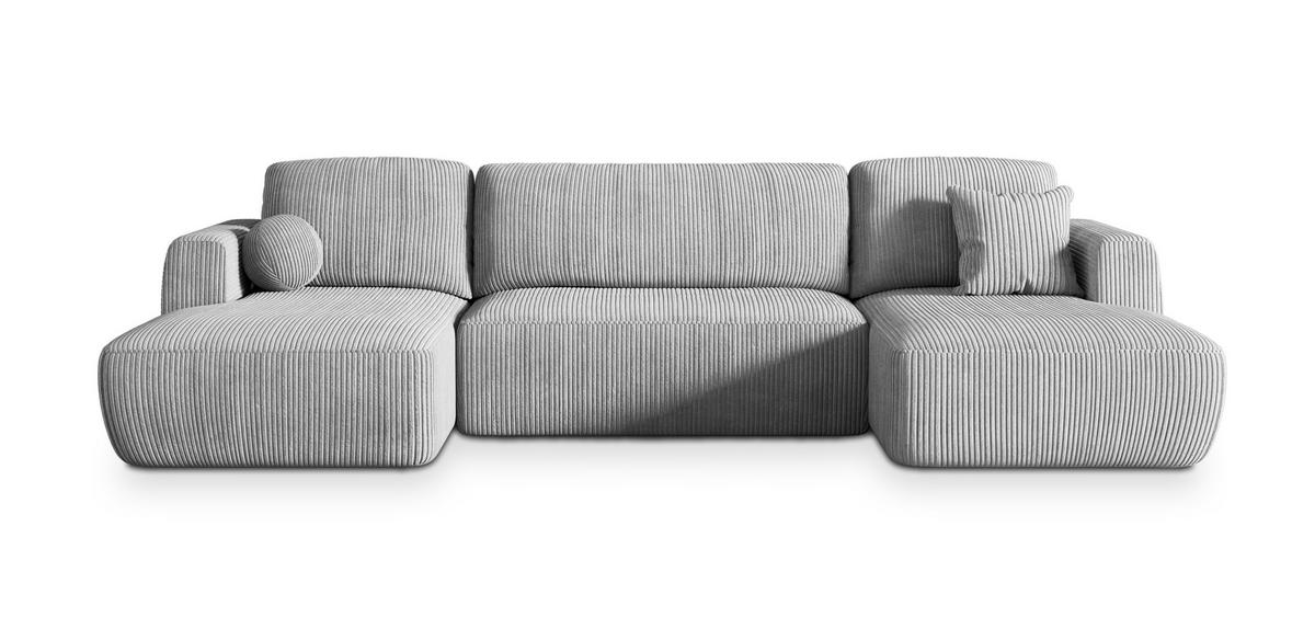 WOHNLANDSCHAFT SENTUM P Hellgrau Kordstoff mit Schlaffunktion - Hellgrau, Holz (330/90/148cm) - MASSENO