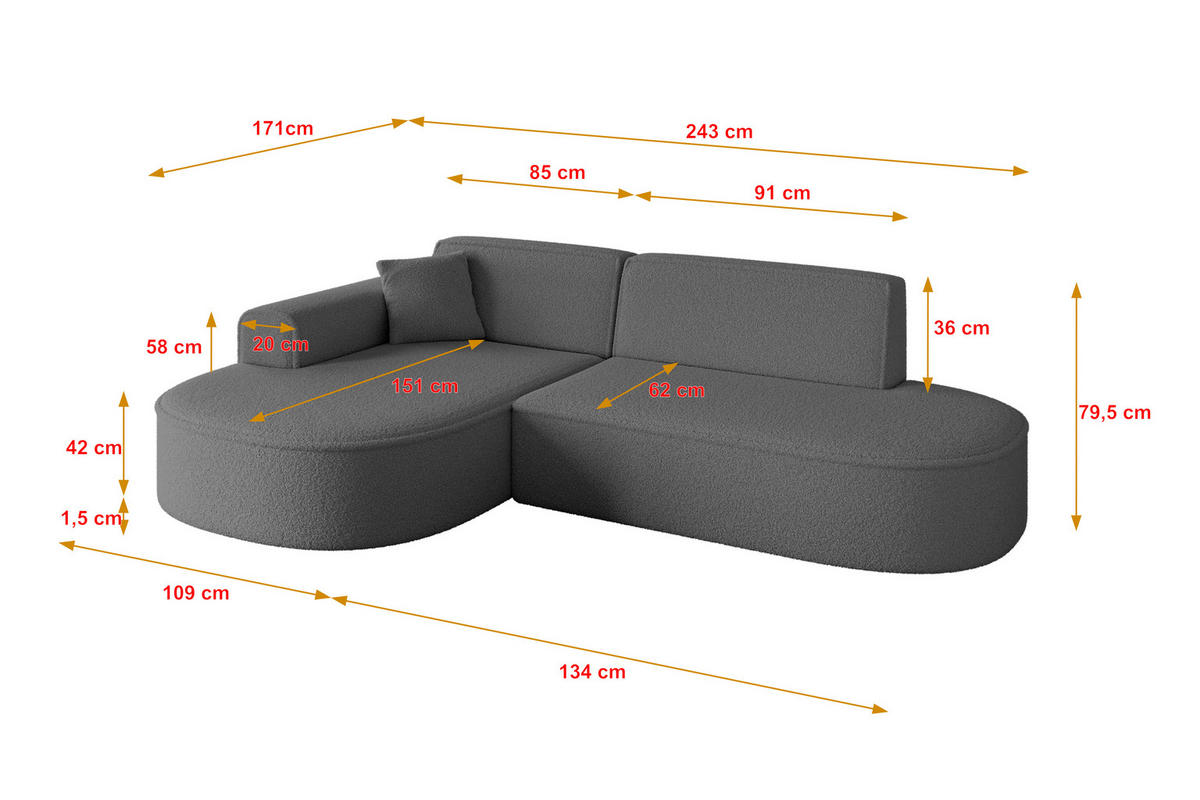 ECKSOFA Ottomane Links MARI-L1 - 243x171x79 cm Grau Bouclé - Schwarz/Grau, Holzwerkstoff/Kunststoff (163/234cm) - ALTDECOR