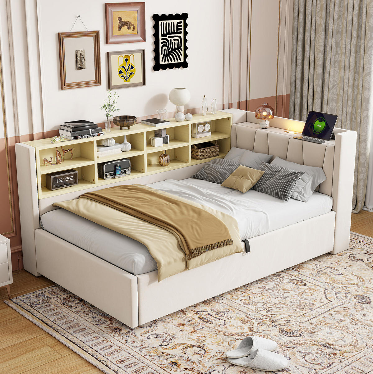 POLSTERBETT 90/200 cm Beige mit Stauraum mit LED-Beleuchtung aus Samt - Beige, Textil (90/200cm) - OKWISH