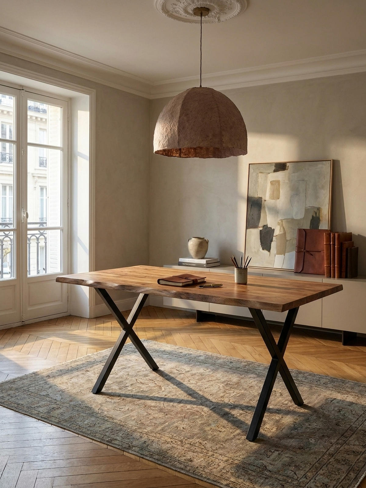 SCHREIBTISCH Massivholz X-Gestell Baumkante Handgefertigt KRETA, Goldbraun-Schwarz 200x100x76 cm - Schwarz/Braun, Holz/Metall (100/200/76cm) - KADIMA DESIGN