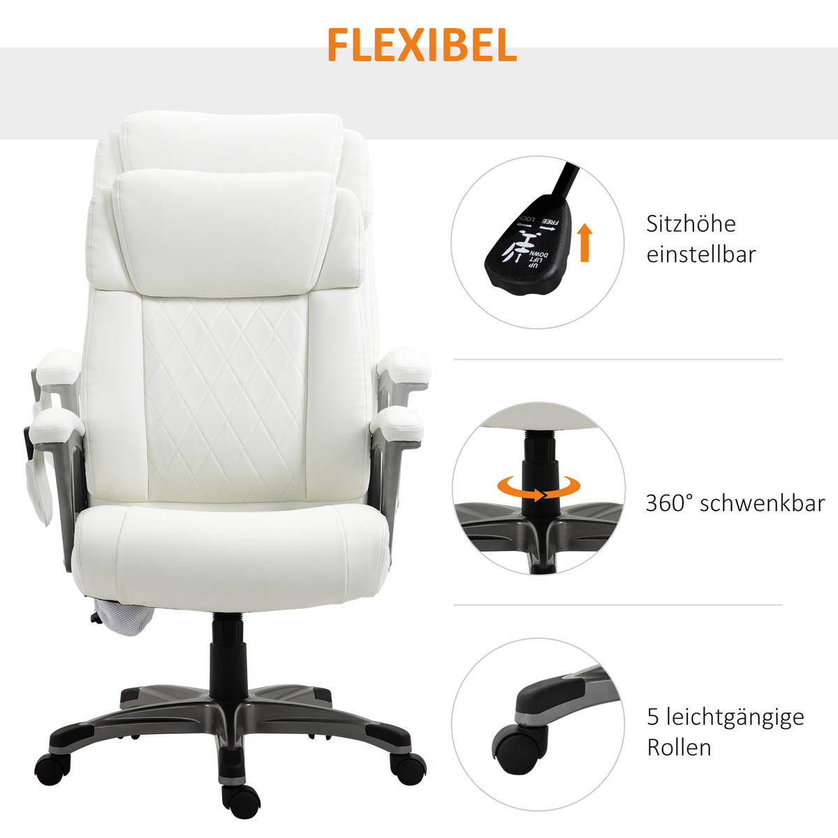 MASSAGE-BÜROSTUHL, Armlehne, Weiß - Weiß, Leder (76.5/124/70cm) - Vinsetto