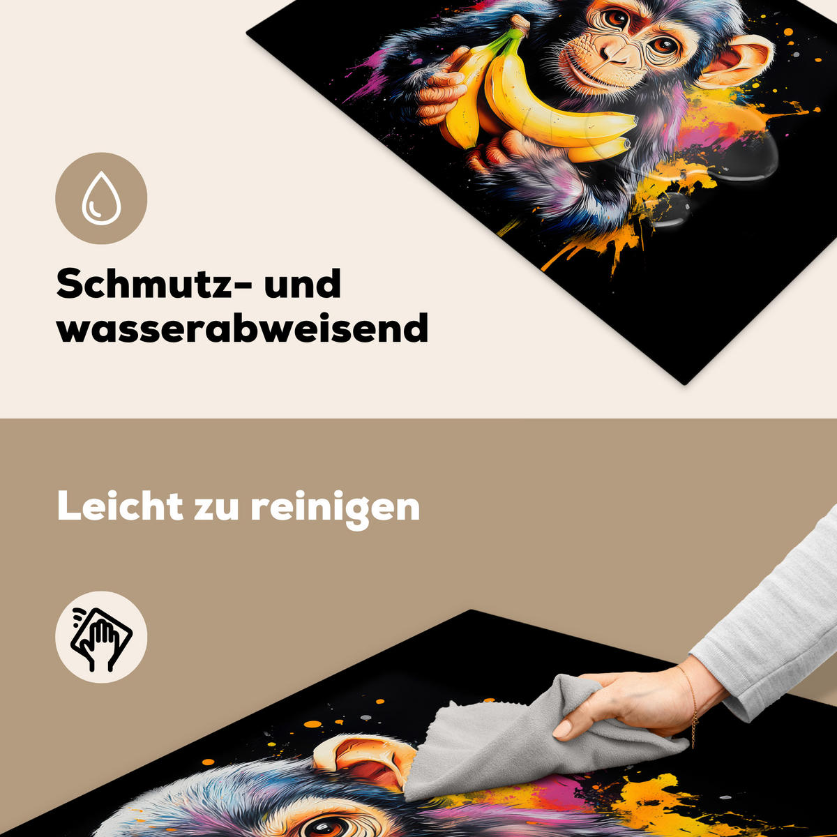 HERDABDECKPLATTE Affe - Graffiti - Farbenfroh - Bananen - Modern 76x51 cm - Gelb, Kunststoff (76/0.2/51.5cm) - MuchoWow