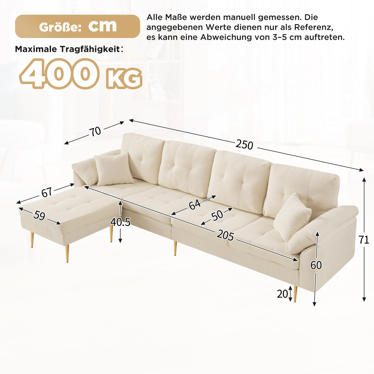 ECKSOFA 4-Sitzer Cord mit flexiblem Hocker, DE-42943, Cremeweiß - Creme, Metall (250/70cm) - ComfortXL