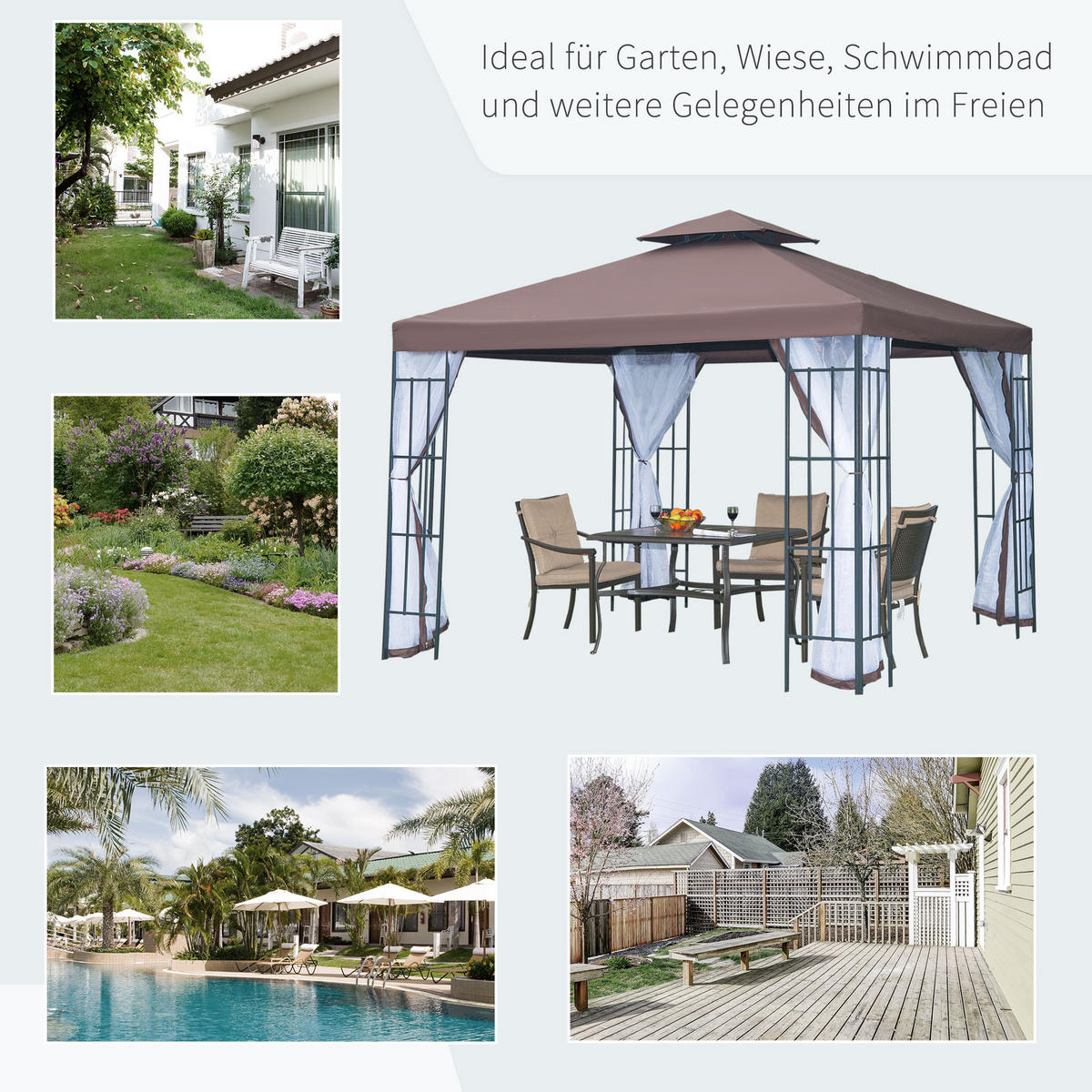 PAVILLON, Kaffeebraun+Weiß+Schwarz, Stahl, 180g/m² Polyester - Braun, Metall (297/270/297cm) - Outsunny