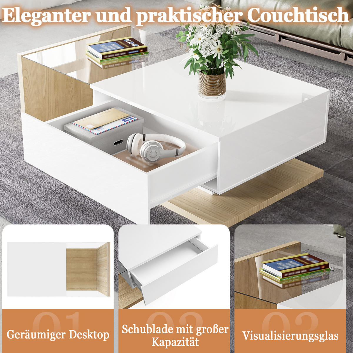 COUCHTISCH aus Spanplatte 105x55x32,5 cm in Natur mit LED-Beleuchtung - Naturfarben, Holzwerkstoff (105/55/32.5cm) - Modfu