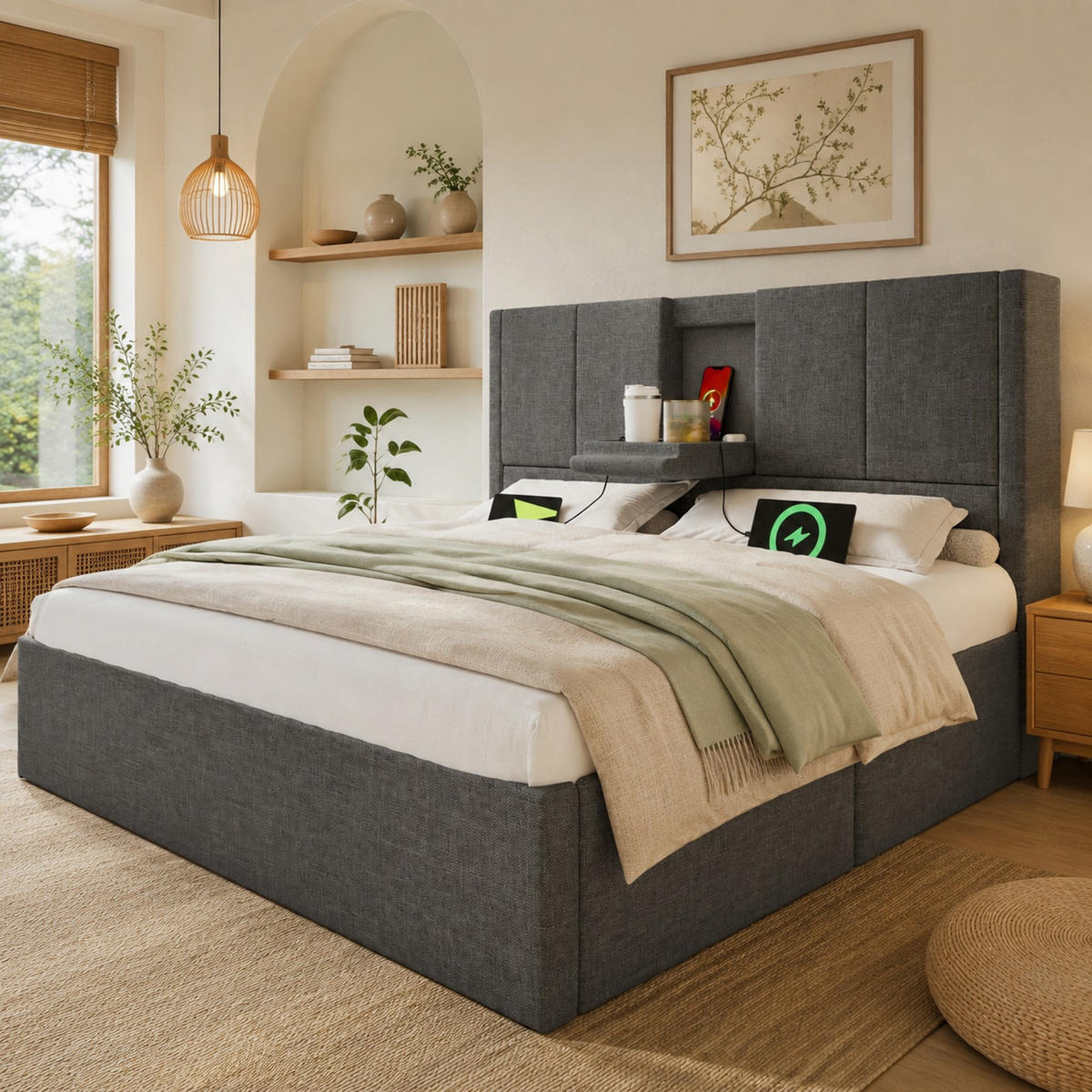 POLSTERBETT 140/200 mit Bettkasten, USB & Type-C und Becherhalter in Grau - Grau, Holzwerkstoff/Textil (140/200cm) - EVRYAE