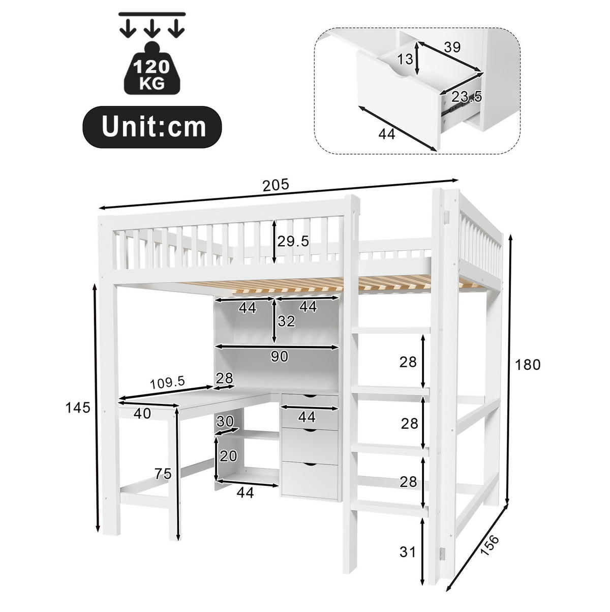 HOCHBETT 140/200 cm, Weiß mit Schreibtisch, 3 Schubladen, ohne Matratze - Weiß, Holzwerkstoff (140/200cm) - MIVRAY