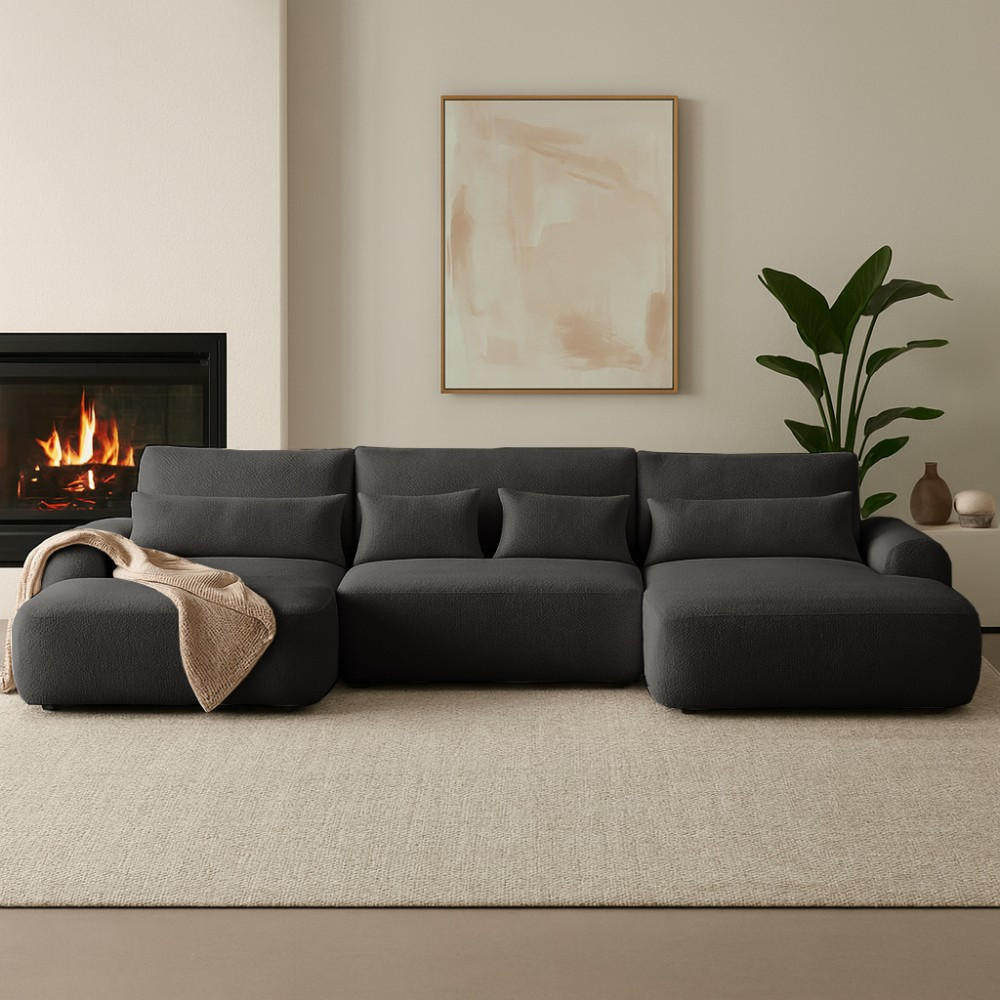 WOHNLANDSCHAFT Oliver mit Schlaffunktion, Schwarz, Bouclé-Stoff - Schwarz, Holzwerkstoff (355/87/160cm) - Beautysofa