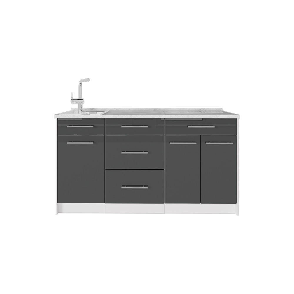 KÜCHENBLOCK Fame-Line, Anthrazit Hochglanz/Weiß, 150 cm, AP Marmor - Schwarz Hochglanz/Weiß, Holzwerkstoff (150/82/60cm) - Vicco