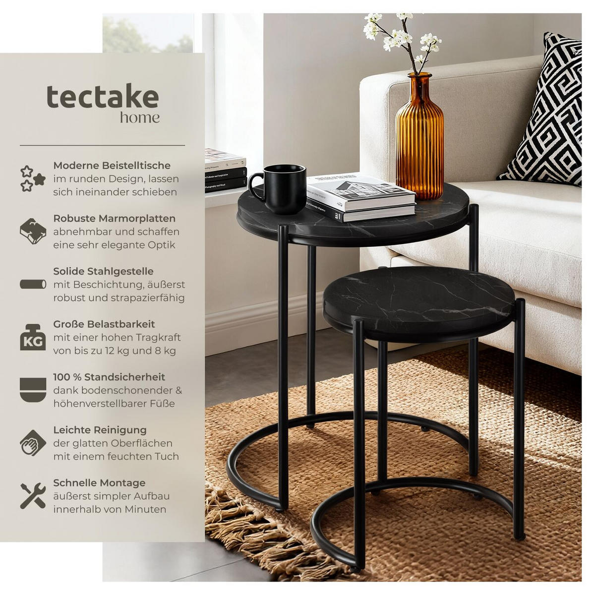 BEISTELLTISCH Ellsa,ineinander schiebbar,schwarz/schwarz - Schwarz, Stein (43/43/50.5cm) - tectake