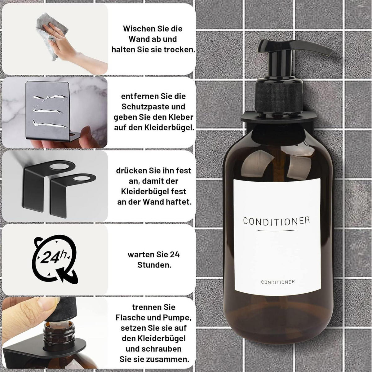 SEIFENSPENDER 3er-Set 500ml PET mit Wandhalterung - Braun, Kunststoff (7.4/16.7/7.4cm)