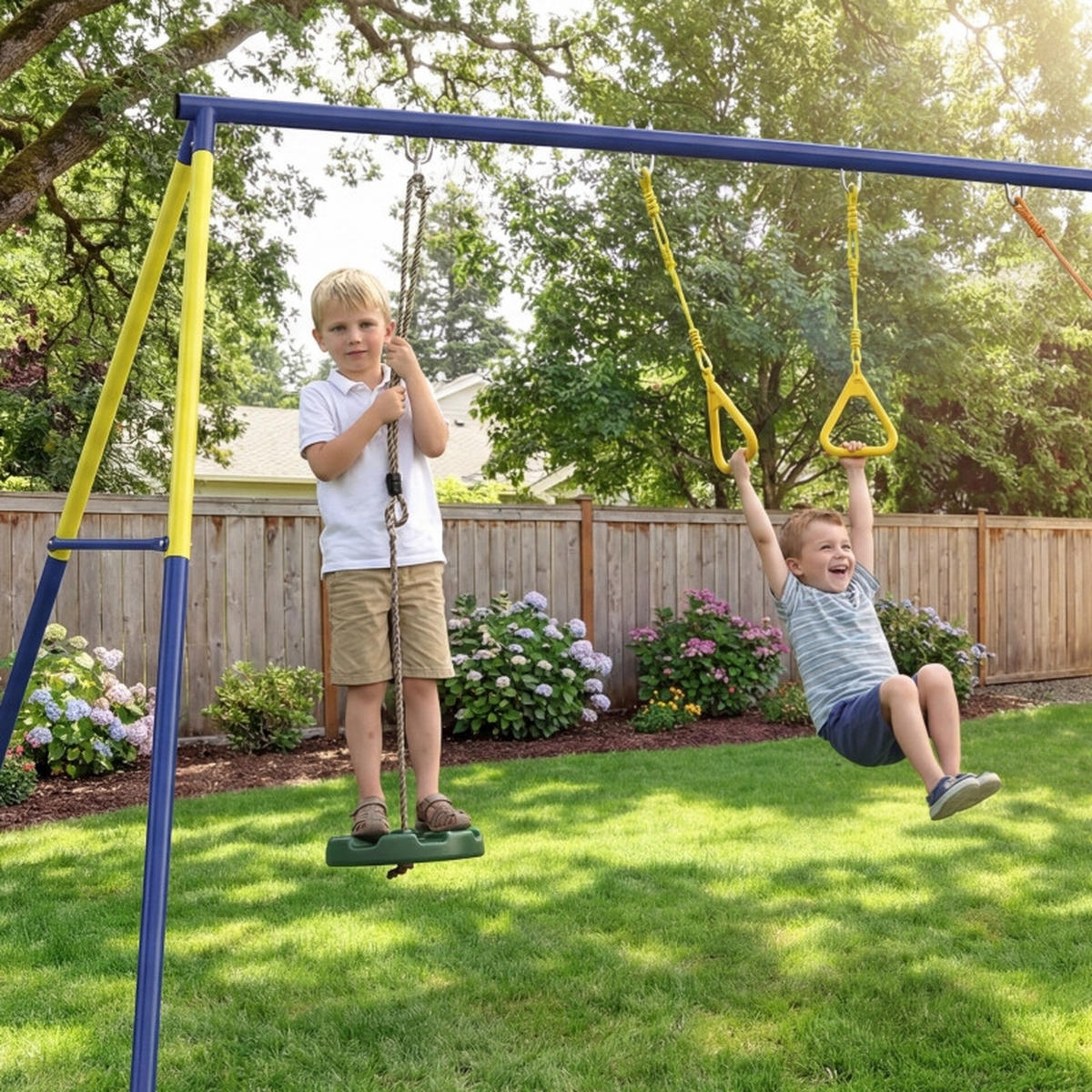 KINDERSCHAUKEL mit klassischer Schaukel 3-in-1, Turnringe, Stehschaukel, 285x160x181cm - Blau, Metall (160/285cm) - Hauptrolle