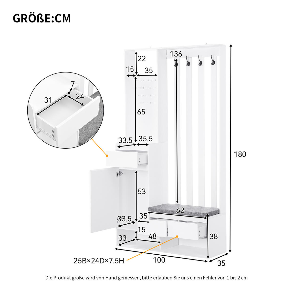 DIELENGARDEROBE mit Sitzbank und 4 Haken, 100/35/180 cm, in Weiß - Weiß, Holzwerkstoff (100/180/35cm) - BEAOK