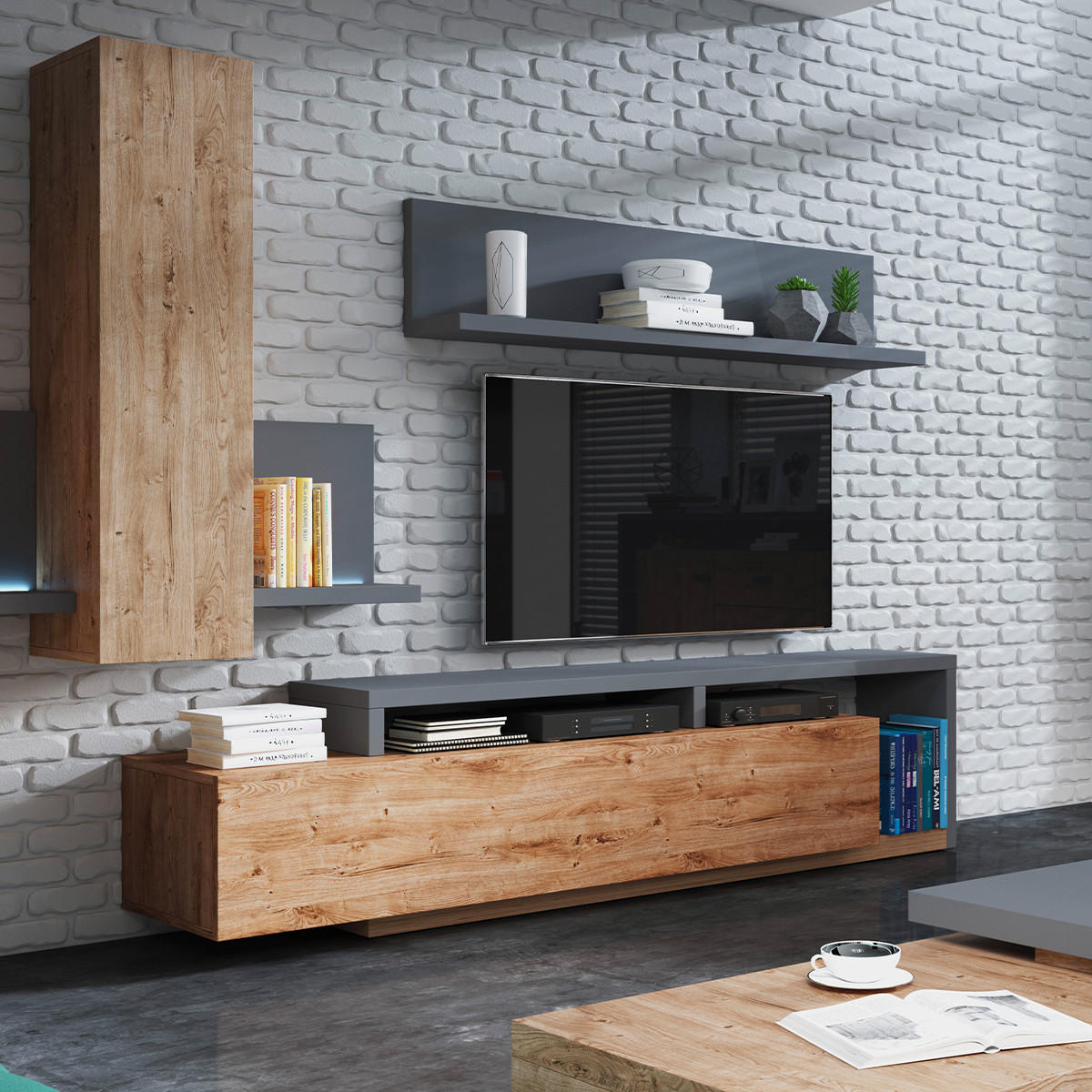 TV STOLEK Ilyes Dřevo a šedá - šedá, kompozitní dřevo (219/25/45cm) - Petits-meubles