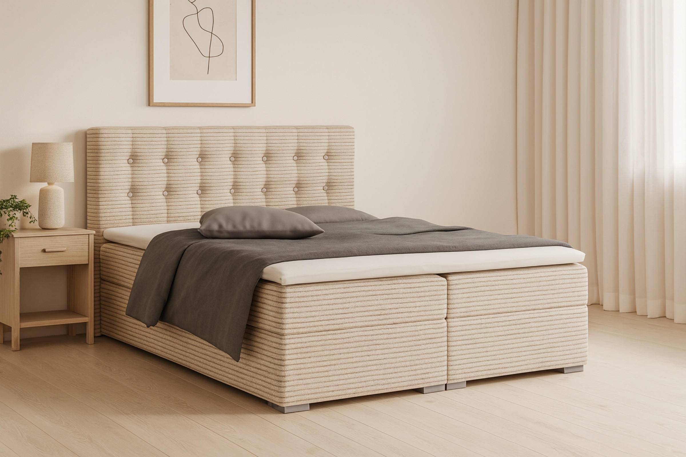 BOXBETT CYNTHIA 160/200 in Cord Beige H4 - Beige, Holz/Holzwerkstoff (160/200cm) - Deine Möbel 24