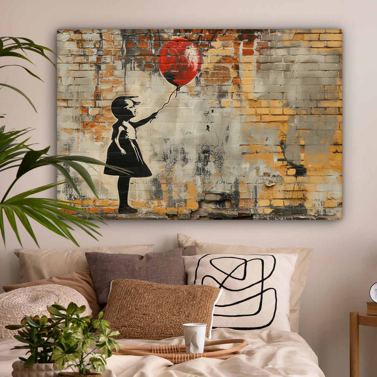 LEINWANDBILD Graffiti - Banksy - Mädchen - Straßenkunst Wohnzimmer Groß 120x80 cm - Sandfarben, Textil (120/80cm) - MuchoWow