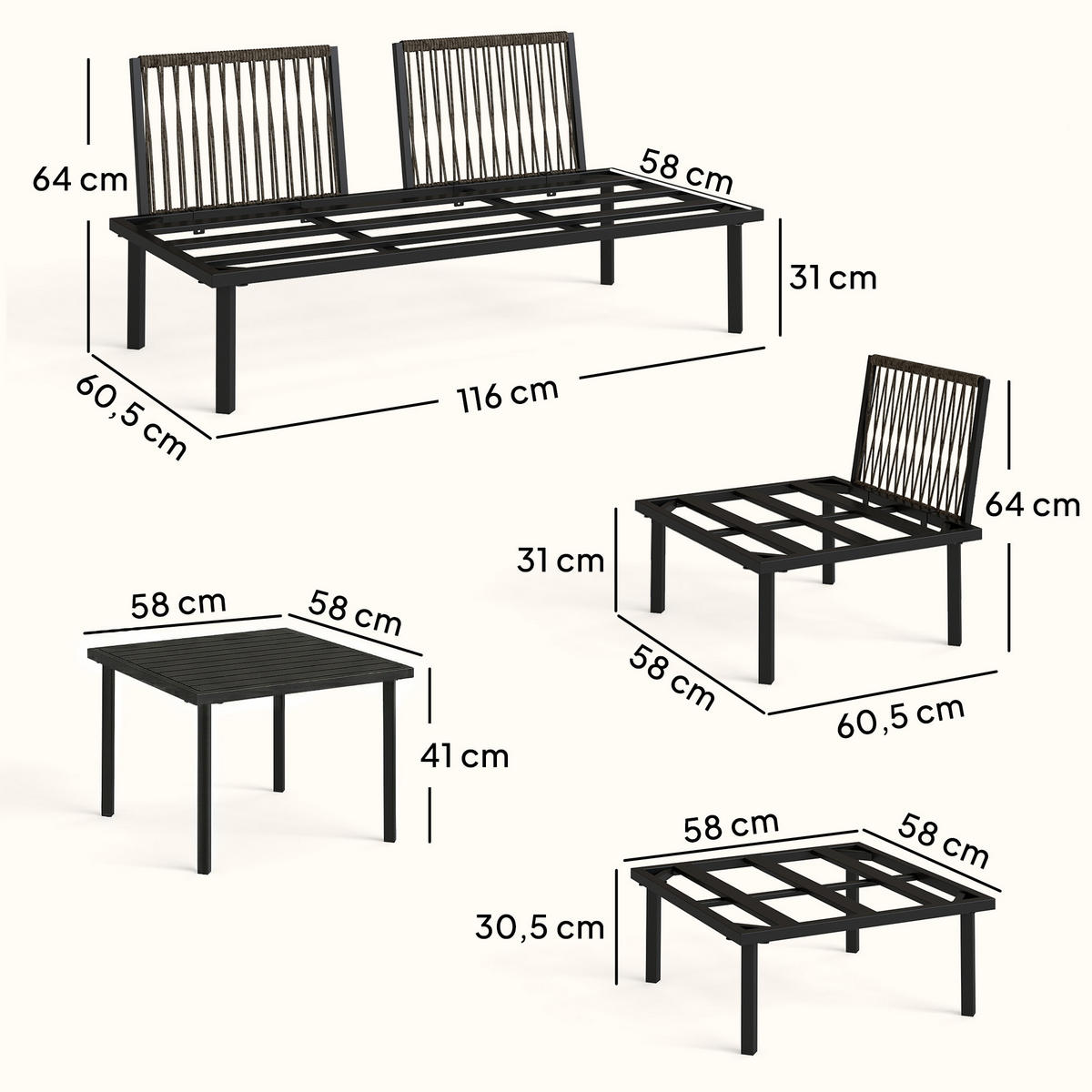LOUNGE GARTENMÖBEL SET DE-06609, 2 Stühle, Eckstuhl, Lamell-Tisch, Fußhocker - Hellgrau, Textil/Metall - ComfortXL