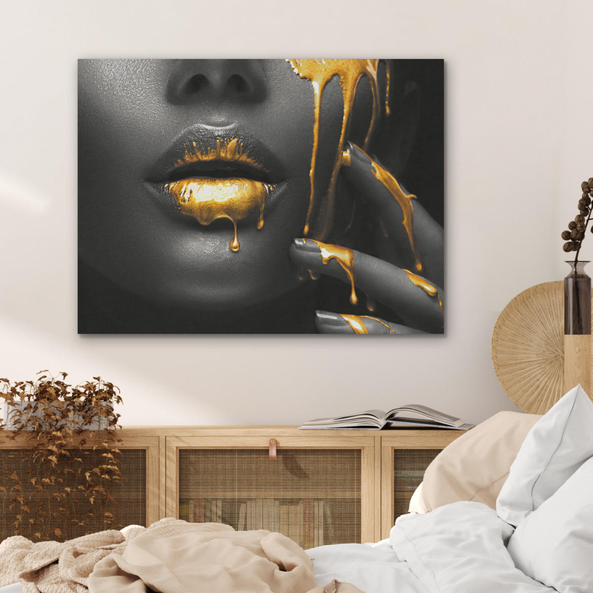 AKUSTIKPANEEL Frau - Schwarz - Gold - Gesicht - Lippen 80x60 cm - Goldfarben, Textil (80/0.9/60cm) - MuchoWow
