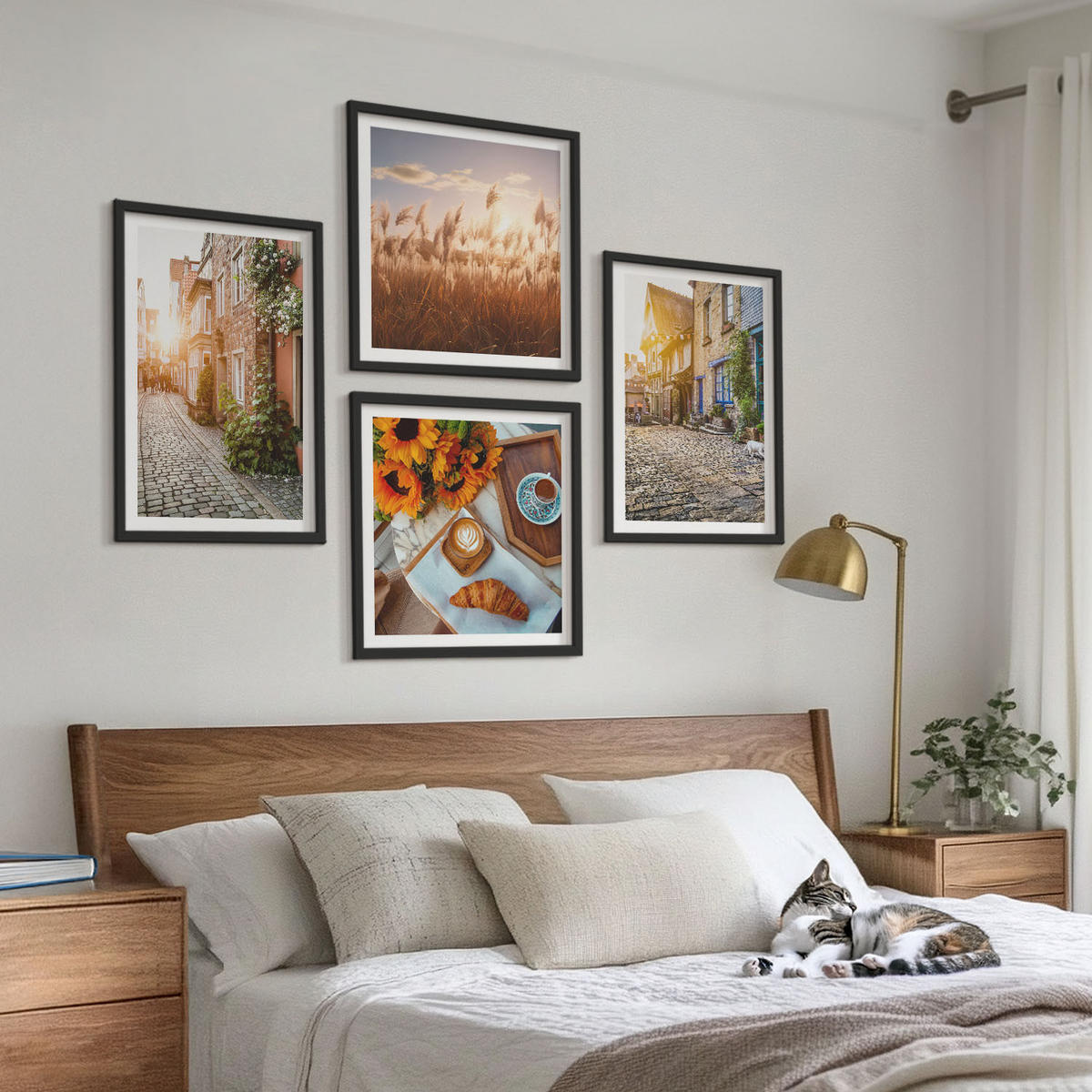 BILDER SET 4er Set - 50x50 cm & 40x60 cm Schwarzer Rahmen - Charmante Straßen mit Kaffee - Schwarz, Kunststoff (50/50cm) - TULUP