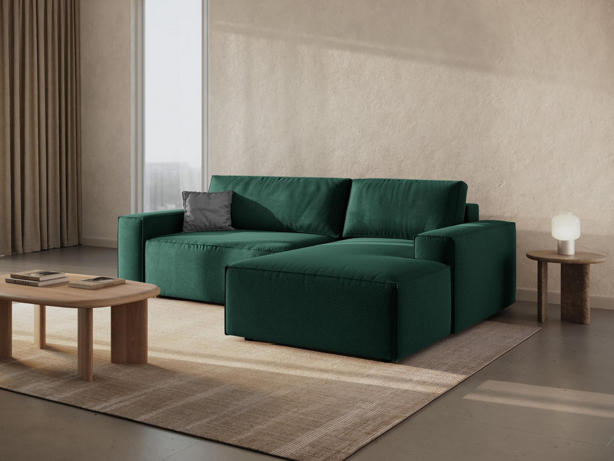 AUSKLAPPBARES-ECKSOFA rechts mit Container Jodie aus strukturiertem Stoff grün 3 Sitzplätze - Grün, Textil (246/151cm) - Micadoni