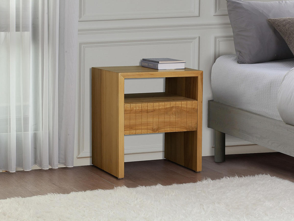 2ER-SET Nachttische – 1 Schublade & 1 Fach – Teakholz – Naturfarben – REVUKA - Naturfarben, Holz (45/52/39cm) - Vente-Unique