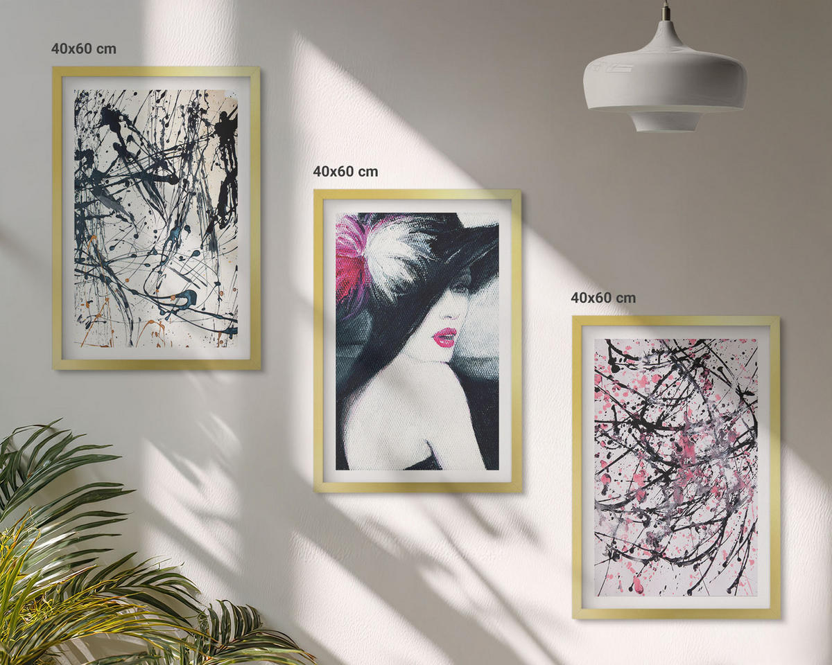 WANDBILDER 3er Set - 40x60 cm Goldrahmen - Abstrakte Farbmuster Hut - Goldfarben, Kunststoff (40/60cm) - ArtPrintCave