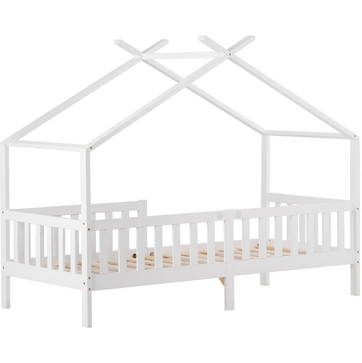 KINDERBETT 90/200 cm mit Lattenrost, Sicherheitszaun und Hausdach, Weiß - Weiß, Holzwerkstoff (90/200cm) - Redom