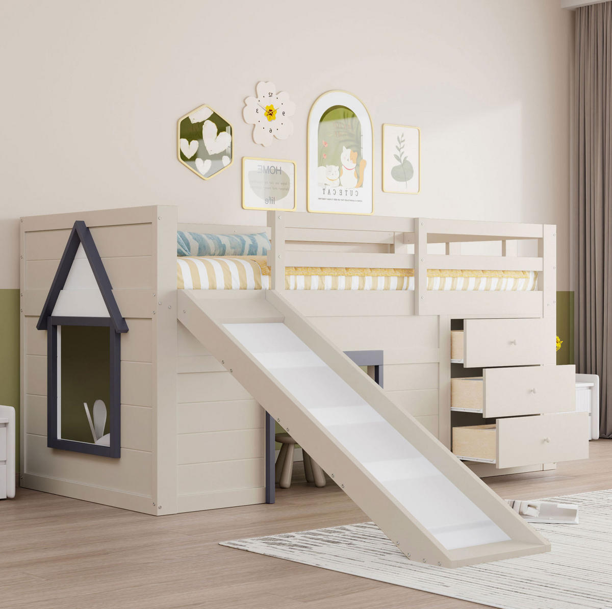 HOCHBETT 90/200 cm mit Rutsche, 3 Schubladen und 2 Türen aus Holzwerkstoff und MDF, Creme - Weiß, Holzwerkstoff (90/200cm) - Redom