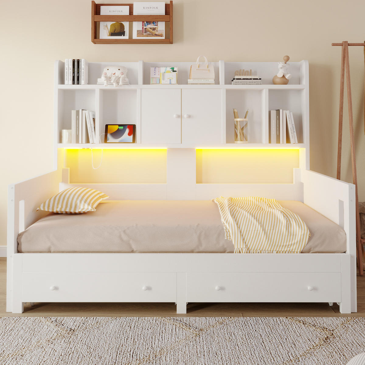BETT 90/180×190 cm in Weiß mit Stauraum und LED-Beleuchtung - Weiß, Holz (180/190cm) - Flora Grace
