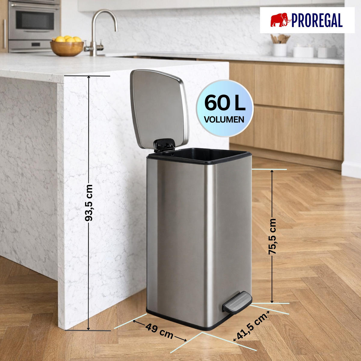 MÜLLEIMER 60 Liter mit Softclose & Fußpedal - Silberfarben, Metall (41.5/75.5/49cm) - PROREGAL