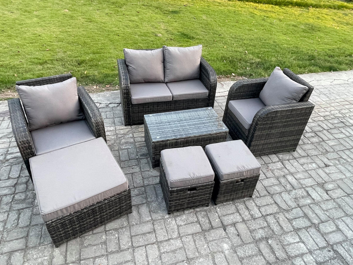 GARTENLOUNGE-SET Polyrattan Dunkelgrau 7-Sitzer - Dunkelgrau, Metall - Fimous